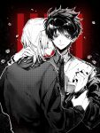  2boys akinashi_haru cardigan chinese_commentary collared_shirt commentary_request commission dress_shirt greyscale_with_colored_background hand_on_another's_nape hand_on_another's_wrist highres hug male_focus multiple_boys necktie off_shoulder red_background saihate_eki shirt short_hair smile tatsunami_shion yaoi ye_(xhs_629a5150000000001b0281de) 