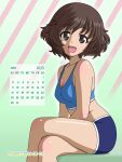  1girl akiyama_yukari bike_shorts blue_bike_shorts blue_shorts blue_sports_bra blush breasts brown_eyes brown_hair cleavage collarbone commentary_request crossed_legs girls_und_panzer highres looking_at_viewer naotosi open_mouth short_hair shorts simple_background small_breasts smile solo sports_bra 