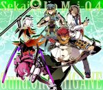  1girl 4boys aiming aqua_hat aqua_robe arms_up arrow_(projectile) belt belt_pouch blonde_hair boots bow_(weapon) brown_belt brown_shoes capelet closed_mouth commentary_request copyright_name dual_wielding facial_hair gloves goatee goggles green_pants grey_pants hair_over_one_eye hat holding holding_arrow holding_bow_(weapon) holding_staff holding_sword holding_test_tube holding_weapon l_(matador) looking_at_viewer medic_(sekaiju_4) medic_1_(sekaiju_4) mouth_hold multiple_boys mystic_(sekaiju) mystic_3_(sekaiju) navel night_seeker_(sekaiju) night_seeker_2_(sekaiju) one_eye_covered orange_capelet pants pouch red_eyes red_hair robe rune_master_(sekaiju) rune_master_1_(sekaiju) sekaiju_no_meikyuu sekaiju_no_meikyuu_4 shoes single_glove sniper_(sekaiju) sniper_3_(sekaiju) staff sword test_tube thigh_boots v-shaped_eyebrows weapon white_background white_gloves wide_sleeves 