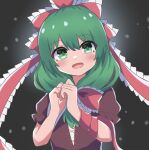  1girl :d absurdres arm_ribbon black_background blush brown_dress commentary_request dress frilled_ribbon frills front_ponytail green_eyes green_hair hair_between_eyes hair_ribbon hands_up high_meron highres kagiyama_hina long_hair looking_at_viewer open_mouth red_ribbon ribbon short_sleeves smile solo touhou upper_body 