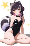  1girl absurdres ahoge alternate_costume animal_ear_fluff animal_ears azuki_(azuki_azukki) bandaid bandaid_on_cheek bandaid_on_face bare_arms bare_legs bare_shoulders black_bow black_bowtie black_hair black_leotard bow bowtie braid breasts closed_mouth colored_inner_hair commentary commission detached_collar english_commentary facial_mark highleg highleg_leotard highres indie_virtual_youtuber leotard long_hair looking_at_viewer multicolored_hair nontraditional_playboy_bunny pink_hair playboy_bunny raccoon_ears raccoon_girl raccoon_hair_ornament raccoon_tail raki_kazuki second-party_source side_braid simple_background sitting small_breasts smile solo star_(symbol) strapless strapless_leotard tail virtual_youtuber whisker_markings white_background yellow_eyes yokozuwari 