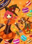  1boy 1girl animal_ears bare_shoulders brown_eyes bubble_skirt caius_qualls candy capelet cross detached_sleeves english fang gloves green_eyes halloween hat lollipop multicolored_hair open_mouth orange_background orange_skirt patterned_legwear pink_hair pumpkin rubia_natwick scarf shoes short_hair skirt star striped striped_legwear striped_scarf tail tales_of_(series) tales_of_the_tempest tank_top thighhighs witch_hat 