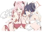  2girls :d bare_arms bare_shoulders bikini black_horns blue_archive braid braided_base breasts brown_shirt bun_with_braided_base chiaki_(blue_archive) chiaki_(swimsuit)_(blue_archive) cleavage commentary crop_top curled_horns earrings fingernails fishnet_top fishnets flower grin hair_between_eyes hair_bun hair_flower hair_ornament halo halterneck highres holding_hands hoop_earrings horns ikutsu interlocked_fingers jewelry large_breasts leaning_forward letterboxed light_blush long_fingernails long_hair long_sleeves looking_at_viewer medium_breasts mole mole_on_breast multi-strapped_bikini_bottom multicolored_horns multiple_girls navel necklace o-ring o-ring_bikini official_alternate_costume official_alternate_hairstyle one_eye_closed open_mouth outstretched_arm parted_bangs parted_lips pendant pink_hair pink_halo pink_nails pointy_ears ponytail reaching reaching_towards_viewer red_bikini red_eyes red_horns ring satsuki_(blue_archive) satsuki_(swimsuit)_(blue_archive) shirt short_hair side-tie_bikini_bottom simple_background single_hair_bun smile standing stomach swimsuit two-tone_horns underboob untranslatable_commentary upper_body v very_long_hair wavy_hair white_background white_bikini white_flower yellow_eyes 