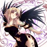  1girl 2000s_(style) arm_tattoo black_dress black_wings blonde_hair blush breast_tattoo breasts cleavage clothing_cutout commentary_request cowboy_shot dress elf feathered_wings forehead_tattoo highres large_breasts leaning_forward leg_tattoo long_hair long_pointy_ears looking_at_viewer magic_circle navel_cutout ngirln4 open_mouth original pointy_ears red_eyes solo strapless strapless_dress tattoo wings 