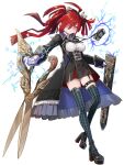  1girl antenna_hair book boots dairoku_ryouhei frills full_body highres holding holding_weapon impossible_clothes lightning long_coat pale_skin red_eyes red_hair scissors sheath simple_background solo thighhighs transparent_background tyone usami_toshoko weapon 