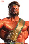  1boy absurdres alex_ross artist_name beard black_eyes brown_facial_hair brown_hair chest_hair comic_cover commentary cover cover_page english_commentary english_text facial_hair grin hands_on_own_hips hercules_(marvel) highres male_focus marvel muscular muscular_male nipples obliques official_art realistic short_hair smile solo teeth thor_(marvel)_(series) upper_body veins veiny_arms western_comics_(style) white_background 