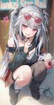  1girl asymmetrical_legwear bandaid bandaid_on_leg black_choker black_leg_warmers black_nails black_ribbon black_shoes bow braid breasts choker commentary cup disposable_cup drink drinking_straw eyewear_on_head facial_mark fins hair_ornament head_fins heart heart_facial_mark highres holding holding_drink honkai:_star_rail honkai_(series) leg_warmers long_hair long_sleeves looking_at_viewer mark_under_both_eyes mismatched_legwear multicolored_hair official_alternate_costume official_alternate_hairstyle omelet_tomato pink_eyes red_skirt red_streaks ribbon shirt shoes single_bare_leg skirt smile socks solo sparkle_(honkai:_star_rail) sparxie_(candy-coated_waves)_(honkai:_star_rail) sparxie_(honkai:_star_rail) squatting streaked_hair sunglasses teeth thigh_strap twintails uneven_legwear upper_teeth_only white_bow white_hair white_socks x_hair_ornament 