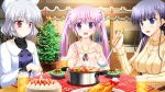  3girls black_ribbon black_shirt blue_eyes blue_hair bow breasts buttons cake cardigan chair chicken_(food) chopsticks christmas christmas_tree cooking_pot double-breasted dress eliska_mandula food fork game_asset grey_hair hair_bow highres hisanaga_kuon holding holding_chopsticks holding_fork holding_ladle indoors juice kirishima_saki_(konakana) konakana_2:_konata_yori_kanata_made_ii ladle large_breasts long_hair long_sleeves looking_at_food minase_(dragon_panda) mole mole_under_eye multiple_girls night non-web_source on_chair open_mouth pink_cardigan pink_hair plant potted_plant purple_eyes red_eyes ribbon salad self-datamine shirt short_hair sitting sweater table television turtleneck twintails two-tone_dress window yellow_shirt yellow_sweater 