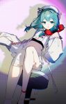  1girl alternate_costume alternate_hairstyle aqua_eyes aqua_hair beret blue_eyes blue_hair commentary crop_top earrings glitch hat hatsune_miku highres holding holding_phone jewelry long_sleeves medium_hair navel open_mouth phone pure_(cookieby) shadow shorts sitting solo twintails vocaloid white_hat white_shorts wire wonder_(vocaloid) 