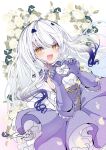  1girl blue_cape blue_dress blue_gloves blue_hair blush cape commentary_request corset dress elbow_gloves fate/grand_order fate_(series) flower forked_eyebrows frilled_dress frills gloves gradient_hair heart heart_hands highres long_hair looking_at_viewer melusine_(fate) melusine_(second_ascension)_(fate) miyaka_(58305841) multicolored_hair open_mouth rose skirt solo two-tone_hair white_flower white_hair white_rose white_sleeves yellow_eyes 
