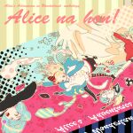  3girls alice_(alice_in_wonderland) blonde_hair bloomers blue_eyes candy clock commentary_request dress floating_card food gin_(oyoyo) hood hoodie multiple_girls original striped_clothes translation_request yellow_eyes 