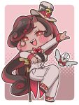  +_+ 1girl ? bird black_hair bow breasts cane collar commentary_request dark-skinned_female dark_skin fewer_digits hat highres horns multicolored_hair pants polka_dot polka_dot_bow polka_dot_socks red_bow red_collar red_hair rollett_(trickcal) sharp_teeth single_horn socks streaked_hair suit suit_pants suwa_yasai teeth thorns top_hat trickcal two-tone_hair white_pants white_suit 