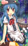  blue_hair blush bow cross-laced_footwear food frills fruit hat hinanawi_tenshi keystone leaf long_hair open_mouth peach red_eyes remon_(t_drop) rock rope short_sleeves solo touhou very_long_hair 
