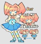  1girl :d ^_^ adjusting_bowtie artist_name blue_eyes blue_skirt blue_vest blunt_bangs blunt_ends blush_stickers bow bowtie caption character_name chibi chibi_inset closed_eyes commentary english_text full_body grey_background hair_intakes highres leg_warmers looking_at_viewer no_nose orange_bow orange_bowtie orange_hair petticoat puffy_short_sleeves puffy_sleeves regretevator reigobun roblox short_sleeves short_twintails simple_background skirt smile solo stat_(regretevator) striped_leg_warmers thumbs_down thumbs_up twintails untranslatable_commentary vest white_wrist_cuffs wrist_cuffs 