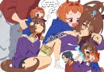  ! aged_down agnes_tachyon_(casual)_(umamusume) agnes_tachyon_(umamusume) ahoge animal_ears baby bandaged_foot bandages bow brown_hair carrying carrying_baby carrying_person casual chemical_structure commentary couple daiwa_scarlet_(umamusume) doting_parent earrings english_commentary hair_between_eyes hair_intakes hexagon_hair_ornament highres holding holding_test_tube horse_ears horse_girl horse_tail huge_ahoge jewelry kiora06 long_sleeves medium_hair mother_and_child mother_and_daughter multiple_girls off-shoulder_shirt off_shoulder original pacifier parent_and_child purple_shirt purple_sweater red_eyes science shirt single_earring smile spoken_exclamation_mark sprain sweater tail test_tube umamusume umamusume_horse_relations 