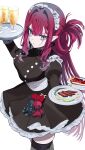 1girl absurdres apron baobhan_sith_(academy_outfit)_(fate) baobhan_sith_(fate) black_dress breasts commentary_request cup dress drinking_glass earrings fate/grand_order fate_(series) fishnet_thighhighs fishnets food grey_eyes hair_intakes hair_rings highres jewelry large_breasts long_hair long_sleeves looking_at_viewer ma_ple maid_headdress pink_hair pointy_ears single_hair_ring solo thighhighs thighs tray white_apron white_background 