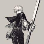  1boy arm_at_side belt belt_buckle buckle cape clenched_hand commentary_request cowboy_shot fingerless_gloves from_side gloves grey_background hair_between_eyes highres holding holding_polearm holding_weapon jun_(navigavi) looking_to_the_side male_focus monochrome nose original pants parted_lips polearm short_hair simple_background sketch solo tunic veins veiny_arms weapon 