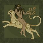  1boy animal armpit_hair curly_hair dark-skinned_male dark_skin dionysus_(mythology) excessive_armpit_hair greek_mythology greek_painting_style highres holding iliothermia laurel_tattoo leaf leopard long_hair male_focus mastectomy_scar mole navel original pinecone ribbon scar scar_on_chest solo teeth thong underwear underwear_only 