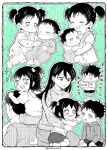  2boys 2girls :d :o aged_down baby baby_carrier babywearing bags_under_eyes black_border blush border brother_and_sister carrying child closed_eyes closed_mouth commentary_request cuddling drawstring family family_bonding father_and_child father_and_daughter floral_print green_background greyscale_with_colored_background hair_between_eyes hair_bobbles hair_ornament half-closed_eyes happy headpat highres holding holding_paper hood hoodie kuroki_tomoki kuroki_tomoko kuroki_tomoko's_father kuroki_tomoko's_mother long_hair looking_at_another looking_down mother_and_child mother_and_daughter mother_and_son multiple_boys multiple_girls multiple_views no_pupils one_side_up onesie open_mouth outline paper parent_and_child patterned_clothing pokuron polka_dot polka_dot_background seiza short_hair short_twintails shorts shoulder_carry siblings sitting smile sparkle sparkling_aura spot_color star_(symbol) sweater toddler translation_request twintails twitter_username watashi_ga_motenai_no_wa_dou_kangaetemo_omaera_ga_warui! white_border white_outline 