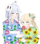  2girls absurdres animal_on_head bird bird_on_head blonde_hair blue_hair blue_kimono braid commentary_request feeding floral_print floral_print_kimono flower green_eyes green_kimono hair_bun hair_flower hair_ornament highres japanese_clothes kimono long_hair mahou_shoujo_no_majo_saiban march_23th mask mask_on_head multiple_girls on_head open_mouth print_kimono short_hair simple_background smile tachibana_sherry tongue tongue_out tono_hanna upper_body white_background yellow_eyes yuri 