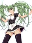  alternate_costume dress enmaided floating_hair green_eyes green_hair hatsune_miku long_hair maid simple_background solo swift thighhighs twintails very_long_hair vocaloid white_background 