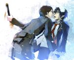  2boys ao_no_exorcist black_hair blue_eyes brothers commentary_request fire flame-tipped_tail gin_(oyoyo) glasses imminent_kiss incest male_focus multiple_boys necktie okumura_rin okumura_yukio pointy_ears school_uniform siblings striped_clothes striped_necktie sword tail twincest twins unsheathed weapon yaoi 