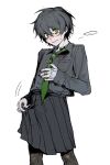  ... 1boy bags_under_eyes bandaged_hand bandages black_hair black_nails black_pantyhose black_shirt breast_pocket chinese_commentary collared_shirt commentary_request cowboy_shot crossdressing crossdressing_(mtf) degrees_of_lewdity double-parted_bangs from_side green_eyes green_necktie grin hair_between_eyes hand_on_own_chest highres holding_own_skirt kylar_(degrees_of_lewdity) kylar_(male)_(degrees_of_lewdity) long_sleeves looking_at_viewer male_focus medium_skirt necktie pantyhose pleated_skirt pocket school_uniform shirt shirt_tucked_in short_hair sketch skirt smile solo solublesalt123 spoken_ellipsis standing sweatdrop wide-eyed 