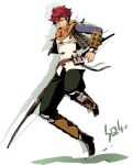  1boy belt belt_pouch boots bow_(weapon) brown_belt brown_boots closed_mouth commentary_request earrings facial_hair full_body goatee goggles green_pants holding holding_bow_(weapon) holding_weapon jewelry jumping l_(matador) male_focus one_eye_closed pants pouch red_hair sekaiju_no_meikyuu sekaiju_no_meikyuu_4 short_hair simple_background sniper_(sekaiju) sniper_3_(sekaiju) solo v-shaped_eyebrows weapon white_background yellow_eyes 