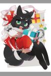  1girl :d ahoge animal_ears black_fur black_hair box chain christmas christmas_ornaments commentary_request full_body fur-trimmed_sleeves fur_trim furry furry_female gift gift_box green_eyes grey_shorts highres holding holding_gift jacket long_sleeves looking_at_viewer open_mouth original po!_(popoemo) red_jacket santa_costume sharp_teeth short_hair shorts sleeves_past_fingers sleeves_past_wrists smile solo striped_background tail teeth thick_eyebrows twitter_username upper_teeth_only v-shaped_eyebrows vertical-striped_background wolf_ears wolf_girl wolf_tail 