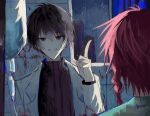  2boys blood braid commentary_request from_behind grin highres hospital index_finger_raised indoors intravenous_drip lapels looking_at_viewer maeno_aki male_focus mopitchx multiple_boys pointy_chin rain red_hair ribbed_sweater side_braid smile sweater tsugino_haru window zeno_(game) 