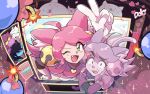  1boy 1other 3girls animal_ear_fluff animal_ears bell black_eyes black_hair bomb cat_ears cat_girl cat_tail commentary deltarune dual_persona explosive fang fangs ghost_pink_(deltarune) gloves green_eyes hair_bell hair_ornament heart heart_necklace highres jewelry kris_(dark_world)_(deltarune) kris_(deltarune) kris_(school_uniform)_(deltarune) mad_mew_mew multiple_girls necklace nomu_poncha one_eye_closed pink_hair purple_gloves purple_hair ralsei susie_(dark_world)_(deltarune) susie_(deltarune) tail utdr_(toby_fox) v white_gloves 