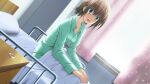  1girl bed blanket brown_hair collarbone constricted_pupils curtains day desk dutch_angle empty_eyes from_behind game_asset green_eyes green_shirt hands_on_own_legs highres hospital_bed hospital_gown indoors jewelry konakana_2:_konata_yori_kanata_made_ii long_sleeves looking_at_viewer minase_(dragon_panda) non-web_source official_art open_collar open_mouth pillow ring shaded_face shirt short_hair sitting tokiwa_chika under_covers window 