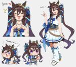  1girl :3 :d ^_^ absurdres all_fours anger_vein animal_ears aqua_eyes aqua_nails asymmetrical_sleeves belt blue_bow blue_ribbon border bow brown_belt brown_hair chain chibi clenched_hand closed_eyes commentary covered_navel cropped_shirt double-parted_bangs ear_covers facing_viewer flowerpigeon four-finger_heart_hands fox_shadow_puppet hair_between_eyes hair_ribbon heart heart_hands highres horse_ears horse_girl horse_tail korean_text long_hair loose_socks meme multicolored_hair multiple_views open_mouth pleated_skirt purple_eyes ribbon romaji_text sailor_collar sailor_shirt shirt simple_background single_ear_cover skirt smile socks speakiposting_(meme) streaked_hair tail tearing_up translated twintails umamusume uneven_sleeves untranslatable_commentary very_long_hair vivlos_(umamusume) vivlos_(voyage_etincelant)_(umamusume) white_background white_border white_hair white_sailor_collar white_shirt white_skirt white_socks white_streaks 