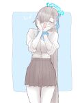  1girl asuna_(blue_archive) asuna_(school_uniform)_(blue_archive) black_skirt blue_archive blue_bow blue_bowtie blue_halo blue_nails blush bow bowtie closed_eyes cowboy_shot fang hair_between_eyes hair_ornament halo long_hair nail_polish nanamadoyama open_mouth pleated_skirt ribbon school_uniform scrunchie skirt solo three-quarter_sleeves very_long_hair 