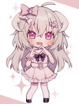  1girl ahoge alternate_costume black_bow black_shoes blouse blue_eyes blush bow bowtie breasts buttons center_frills commentary_request crossed_bangs curled_horns curved_horns deformed fang four-finger_heart_hands frilled_sailor_collar frilled_skirt frilled_wrist_cuffs frills full_body grey_hair grey_horns hair_between_eyes hair_bow hanasaki_ayame hanasaki_ayame_(artist) heart heart_hands highres horns indie_virtual_youtuber lace-trimmed_sleeves lace_trim lolita_fashion long_hair looking_at_viewer multicolored_eyes multiple_hair_bows open_mouth outline pink_bow pink_eyes pink_shirt pink_skirt pinstripe_pattern pinstripe_shirt puffy_short_sleeves puffy_sleeves sailor_collar self-portrait shirt shoes short_sleeves skin_fang skirt small_breasts smile solo sparkle_background sweet_lolita thighhighs two-tone_eyes virtual_youtuber white_background white_bow white_thighhighs wrist_cuffs 