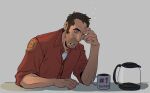  1boy buttons coffee_maker coffee_mug collared_shirt cup exhausted facial_hair hand_on_own_face male_focus mug red_shirt red_sniper_(tf2) shirt sniper_(tf2) squeans stubble team_fortress_2 undershirt utmbug white_background 