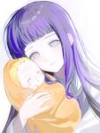  1boy 1girl aged_down baby blonde_hair blunt_bangs boruto_(series) carrying carrying_baby carrying_person chinese_commentary closed_mouth commentary_request facial_mark highres hyuuga_hinata long_hair moqing785 mother_and_child mother_and_son naruto_(series) naruto_shippuuden no_pupils parent_and_child purple_hair simple_background sleeping smile upper_body uzumaki_boruto whisker_markings white_background white_eyes 