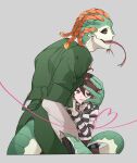  2boys bandaged_neck bandages braid brown_hair bruise bruised_eye claws colored_sclera commentary_request fang forked_tongue green_shirt grey_eyes half-closed_eye hand_on_another's_head height_difference highres identity_v injury looking_back looking_to_the_side luca_balsa luchino_(identity_v) male_focus multiple_boys multiple_braids nikunikuoda orange_eyes orange_hair popped_collar reptile_boy shirt size_difference striped_clothes striped_shirt tongue yaoi yellow_sclera 