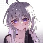  1girl ahoge black_pajamas camisole collarbone commentary elaina_(majo_no_tabitabi) hand_on_own_cheek hand_on_own_face light_blush long_hair looking_at_another majo_no_tabitabi pajamas portrait purple_eyes shiyan_ying single_bare_shoulder smile solo spaghetti_strap twitter_username untranslatable_commentary white_camisole white_hair 