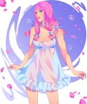  1girl alternate_costume artist_name blue_choker blue_dress blue_eyes blue_nails breasts choker cleavage commentary delicourse dress english_commentary hair_bobbles hair_ornament highres hirose_yasuho jojo_no_kimyou_na_bouken jojolion large_breasts long_hair medium_breasts nail_polish parted_lips petals pink_hair pink_lips see-through_clothes see-through_dress solo 