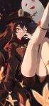  1girl absurdres bare_legs black_background black_dress black_hair black_hat black_nails black_skirt boo_tao_(genshin_impact) clothing_request dress feet_out_of_frame genshin_impact ghost grin hat headwear_request highres hu_tao_(genshin_impact) jianjia leg_up long_hair one_eye_closed red_eyes simple_background skirt smile socks solo star-shaped_pupils star_(symbol) symbol-shaped_pupils white_socks 