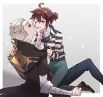  2boys ahoge alva_lorenz bandaged_arm bandages belt black_sclera boots brown_belt brown_boots brown_hair bruise bruised_eye colored_sclera commentary_request crying denim fang green_eyes hair_slicked_back highres identity_v injury jeans leg_brace luca_balsa male_focus multiple_boys nikunikuoda one_eye_closed pants ponytail scar scar_on_arm short_ponytail sidelocks sitting sitting_on_lap sitting_on_person skin_fang white_hair yaoi yellow_eyes 
