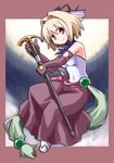 bare_shoulders blonde_hair cane concealed_sword elbow_gloves gloves hair_ornament jewelry kugelschreiber necklace pati_threepiece red_eyes short_hair smile solo sword sword_cane symbol-shaped_pupils weapon yumekui_merry 