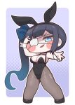  1girl black_ears black_hair black_leotard black_shoes blue_bow bow breasts chibi commentary_request eyepatch full_body gradient_hair highres leotard long_hair medical_eyepatch multicolored_hair pantyhose playboy_bunny ponytail rabbit shoes suwa_yasai trickcal wrist_cuffs xion_(trickcal) 