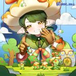  1girl absurdres artist_name blush brown_gloves bush chinese_commentary cloud commentary_request dated dawenxi_vinci day gloves grass green_hair grin hat highres long_sleeves looking_at_viewer mole mole_under_eye mushroom outdoors pointy_ears qilicao_(roco_kingdom:_world) qilihua_(roco_kingdom:_world) qiliye_(roco_kingdom:_world) roco_kingdom roco_kingdom:_world shirt short_hair sky smile solo tree upper_body yellow_eyes 