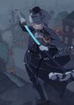  1girl absurdres animal_ears ascot belt belt_buckle black_belt black_jacket buckle building closed_eyes commentary_request earrings epaulettes flag from_above full_body gildaria_(shadowverse) gloves glowing glowing_weapon hair_ornament hat highres holding holding_sword holding_weapon jacket jewelry katana military_uniform multicolored_hair pillbox_hat purple_hair rain shadowverse shadowverse:_worlds_beyond sheath shokubutsu0625 short_hair solo standing striped_tail sword tail tiger_ears tiger_girl tiger_tail tsuba_(guard) twisted_torso unsheathing weapon white_gloves white_hair 