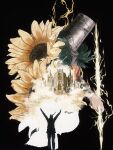  1boy \o/ anor_londo armor arms_up black_background castle commentary dark_souls_(series) dark_souls_i electricity english_commentary flower fur_trim green_fur helm helmet highres holding holding_lightning_bolt male_focus multiple_views outstretched_arms praise_the_sun profile simple_background solaire_of_astora standing sunflower tabard yellow_flower yujia0412 