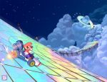  1boy absurdres arms_up b-dasher blue_eyes blue_overalls brown_hair brown_shoes cloud commentary derivative_work drifting english_commentary eversmithi facial_hair flag gloves go-kart hat highres long_sleeves looking_to_the_side male_focus mario mario_(series) mario_kart mario_kart_tour mustache outdoors overalls racetrack rainbow_gradient rainbow_road red_hat red_shirt screenshot_redraw shirt shoes short_hair sideburns sideways_glance sky solo sparks star_(sky) starry_sky steering_wheel very_short_hair white_gloves 
