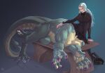  1girl absurdres black_jacket breasts commentary deesketchs dragon_claw dragon_girl english_commentary full_body green_scales grey_hair hand_on_table highres jacket jewelry large_breasts lips long_hair lying monster_girl monsterification necklace niijima_sae on_table persona persona_5 purple_claws scratches second-party_source simple_background table taur 