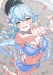  1girl absurdres ahoge aqua_nails bikini bikini_skirt blue_bikini blue_choker blue_hair blue_streaks blunt_bangs bow braid breasts choker cleavage commentary day elf four-finger_heart_hands frilled_arm_strap frilled_bikini frilled_choker frilled_thigh_strap frills hair_bow hair_ornament heart heart_ahoge heart_hands highleg highleg_bikini highres hololive large_breasts looking_at_viewer medium_hair multicolored_hair ocean official_alternate_costume official_alternate_hairstyle open_mouth outdoors pointy_ears side_braids solo streaked_hair swimsuit tatataecho thigh_strap untranslatable_commentary virtual_youtuber white_bow x_hair_ornament yellow_eyes yukihana_lamy yukihana_lamy_(summer) 